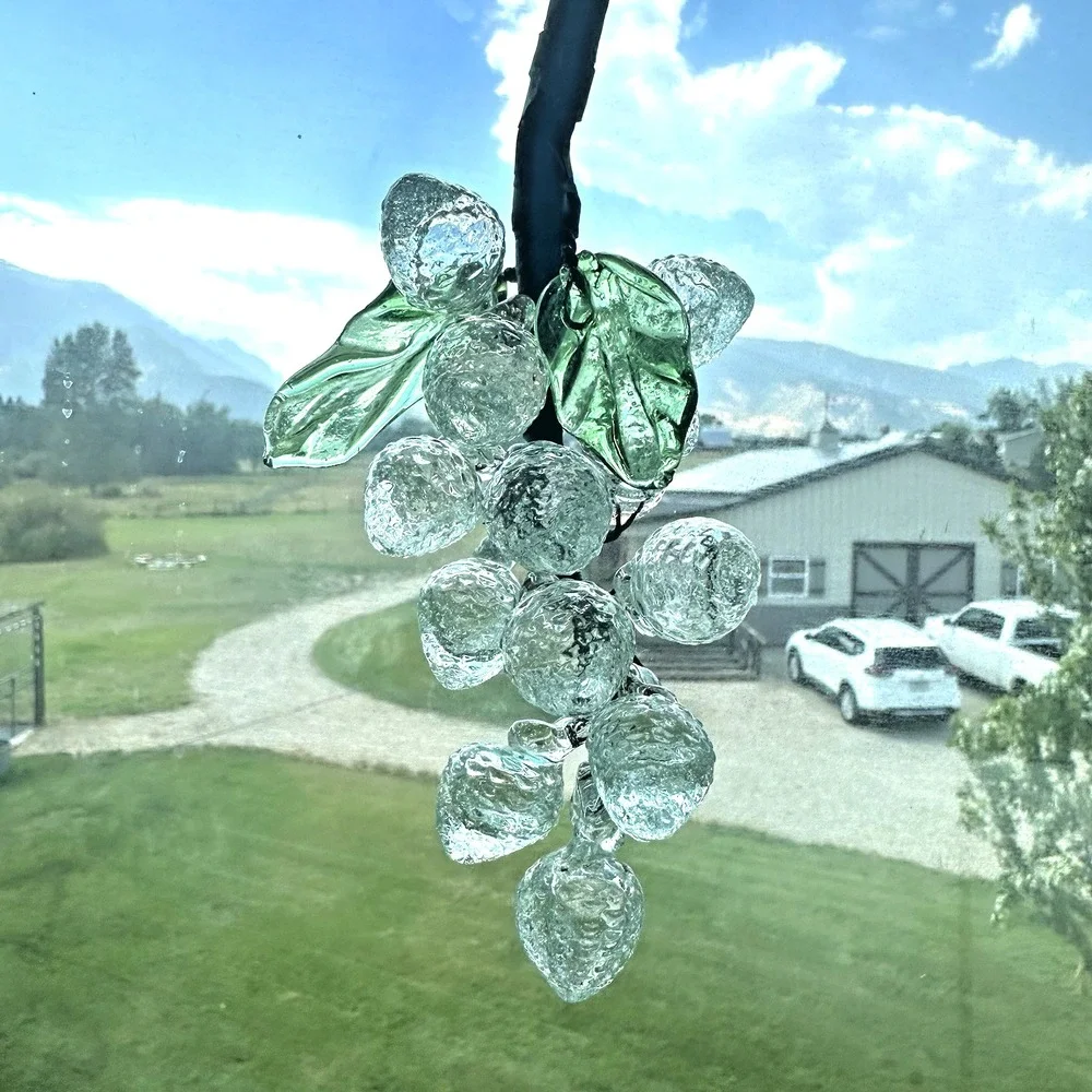 Clear Textured Glass Berry Cluster Ornament Green Leaves 7.5